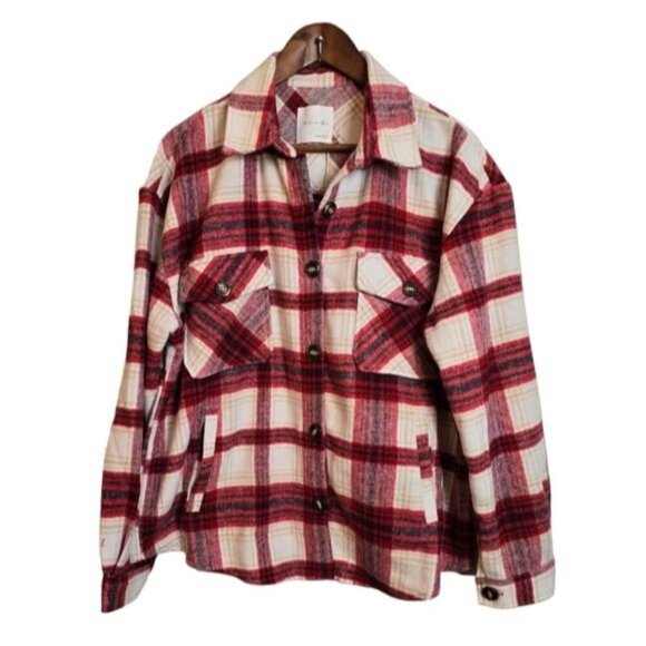 Active USA Wool Blend Shacket Tartan Plaid Flannel Red Ivory Multicolor Jacket L - Picture 4 of 13